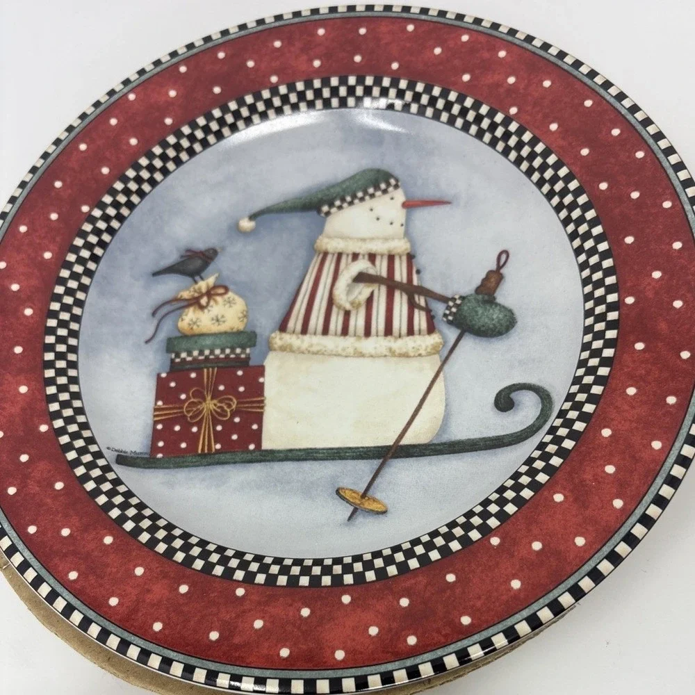 Debbie Mumm Frosty Folks Snowman Dessert Salad Plate Set of 4 Sakura Red Black‎